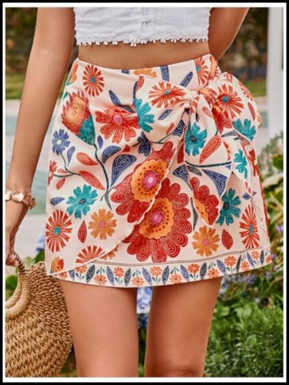 Boho Wrap Skirt with Floral Print, High Waisted, Knot Side, Mini Length - Picture 2 of 4